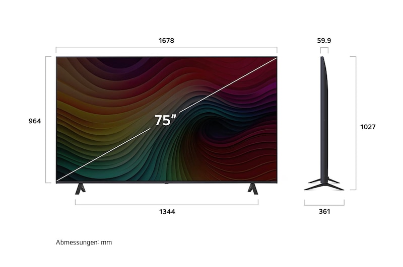 Abmessungen des LG NanoCell AI NANO81 4K Smart TVs: Breite 1678mm, Höhe 1027 mm, Tiefe 361mm, Bildschirmdiagonale 75 Zoll.