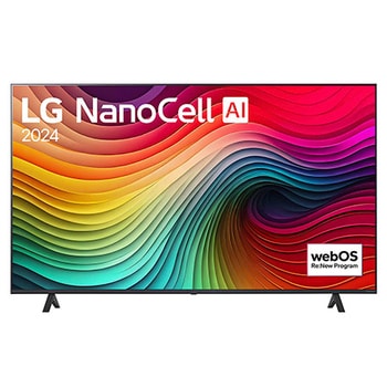 Vorderansicht des LG NanoCell AI NANO81 4K Smart TVs mit 4K-Auflösung, großem Display und Standfuß mit breitem Abstand.