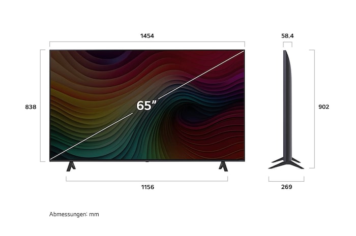 Abmessungen des LG NanoCell AI NANO81 4K Smart TVs: Breite 1454mm, Höhe 902 mm, Tiefe 269mm, Bildschirmdiagonale 65 Zoll.