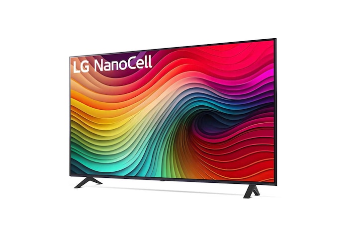 Dynamische Seitenansicht des LG NanoCell AI NANO81 4K Smart TVs mit stabilen Standfüßen und kräftigen Displayfarben.