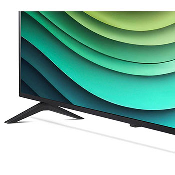 Detailansicht des Standfußes und unteren Rahmens des LG NanoCell AI NANO81 4K Smart TVs mit abstraktem grünem Muster auf dem Bildschirm.