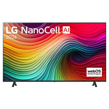 Vorderansicht des LG NanoCell AI NANO81 4K Smart TVs mit 4K-Auflösung, großem Display und Standfuß mit breitem Abstand.