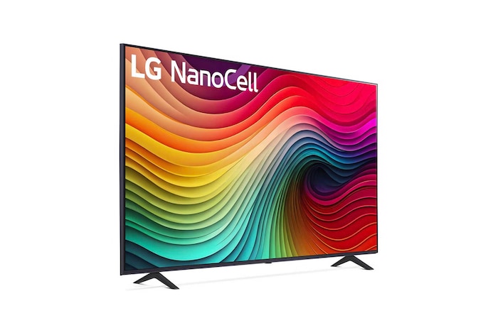 Schrägansicht des LG NanoCell AI NANO81 4K Smart TVs mit RGB-Farbdarstellung und rechteckiger Rahmenform.