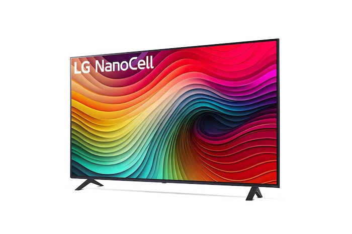 Dynamische Seitenansicht des LG NanoCell AI NANO81 4K Smart TVs mit stabilen Standfüßen und kräftigen Displayfarben.