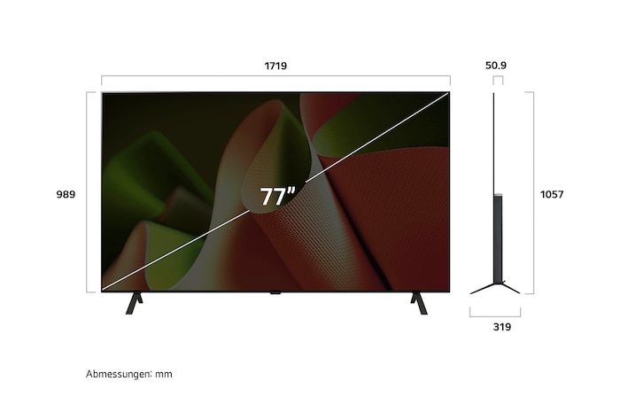 Abmessungsdiagramm des LG OLED AI B4 4K Smart TVs: Breite 1719 mm, Höhe 989 mm (Panel), 1057 mm mit Standfuß, Tiefe 50,9 mm ohne Standfuß, 319 mm mit Standfuß.