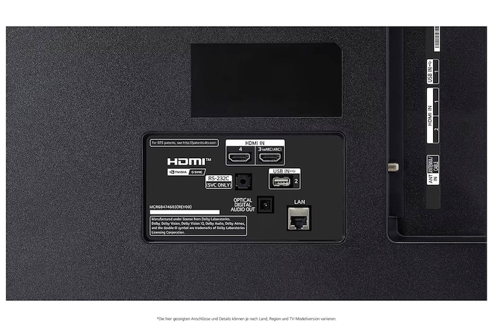 Detailansicht der Rückseite des LG OLED AI B4 4K Smart TVs mit HDMI IN 3 (eARC/ARC) und 4, USB IN 2, optischem Digital-Audio-Ausgang, RS‑232C-Serviceport, LAN- und ANT/Cable-Anschlüssen.