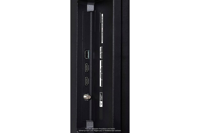 Nahaufnahme der Seitenansicht des LG OLED AI B4 4K Smart TVs mit HDMI IN 1 & 2, USB IN 1 und ANT/Cable-Eingang an der Seitenkante.