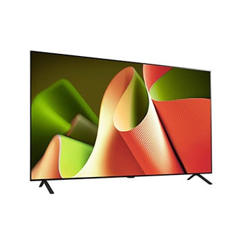 Leicht geneigte Ansicht von der rechten Seite des LG OLED AI B4 4K Smart TV, die seine schlanke Blende und den Standfuß hervorhebt.