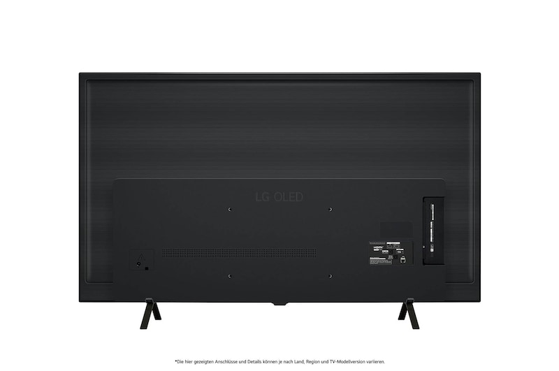 Rückansicht des LG OLED AI B4 4K Smart TVs mit ebenem Rückgehäuse und zwei V-förmigen Standfüßen.