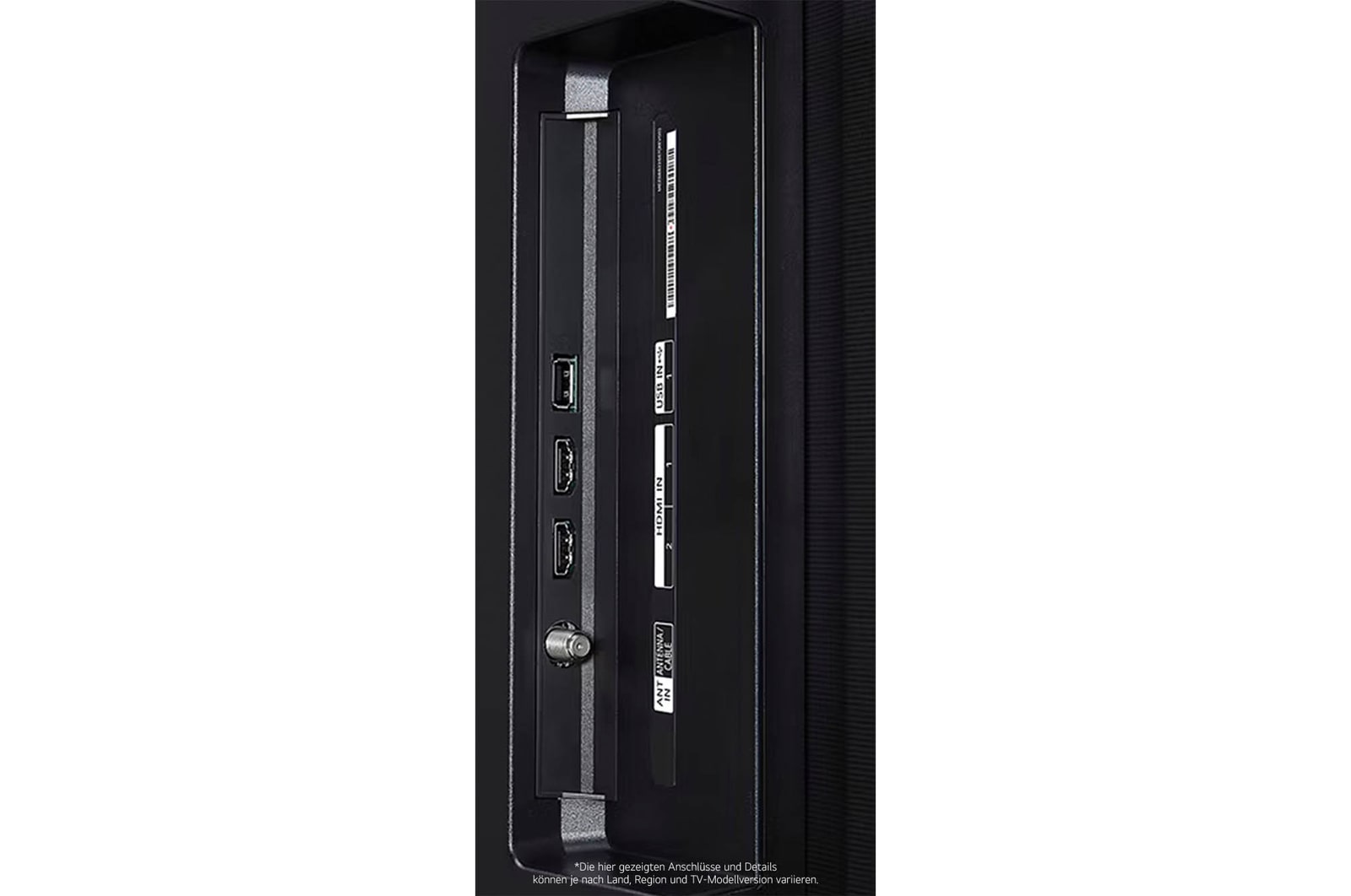 Nahaufnahme der Seitenansicht des LG OLED AI B4 4K Smart TVs mit HDMI IN 1 & 2, USB IN 1 und ANT/Cable-Eingang an der Seitenkante.