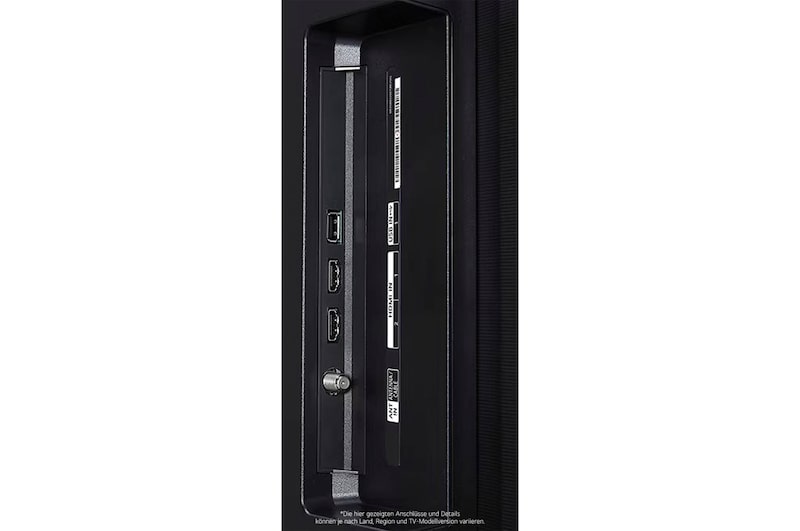 Nahaufnahme der Seitenansicht des LG OLED AI B4 4K Smart TVs mit HDMI IN 1 & 2, USB IN 1 und ANT/Cable-Eingang an der Seitenkante.