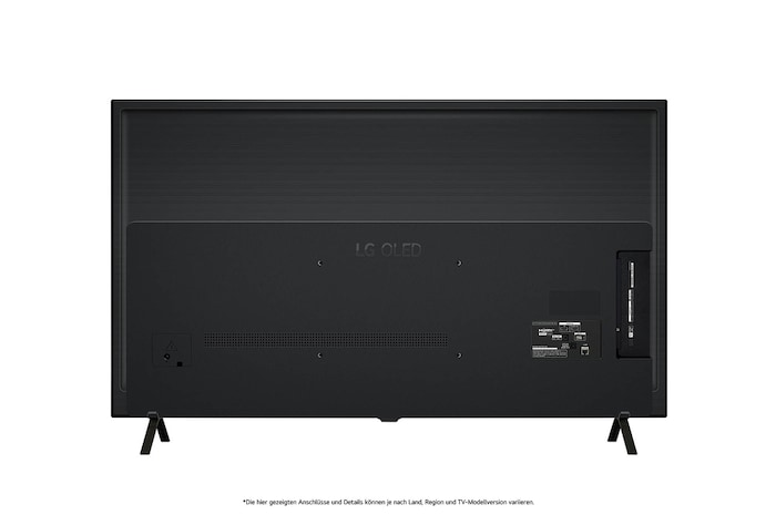 Rückansicht des LG OLED AI B4 4K Smart TVs mit ebenem Rückgehäuse und zwei V-förmigen Standfüßen.