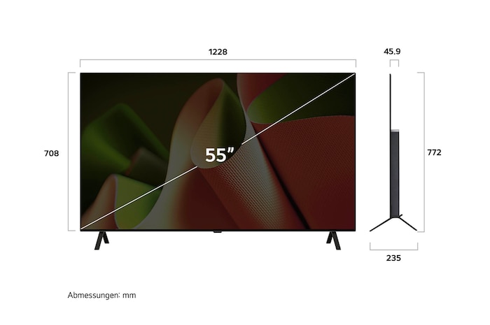 Abmessungsdiagramm des LG OLED AI B4 4K Smart TVs: Breite 1228mm, Höhe 708 mm (Panel), 772 mm mit Standfuß, Tiefe 45,9 mm ohne Standfuß, 235 mm mit Standfuß.
