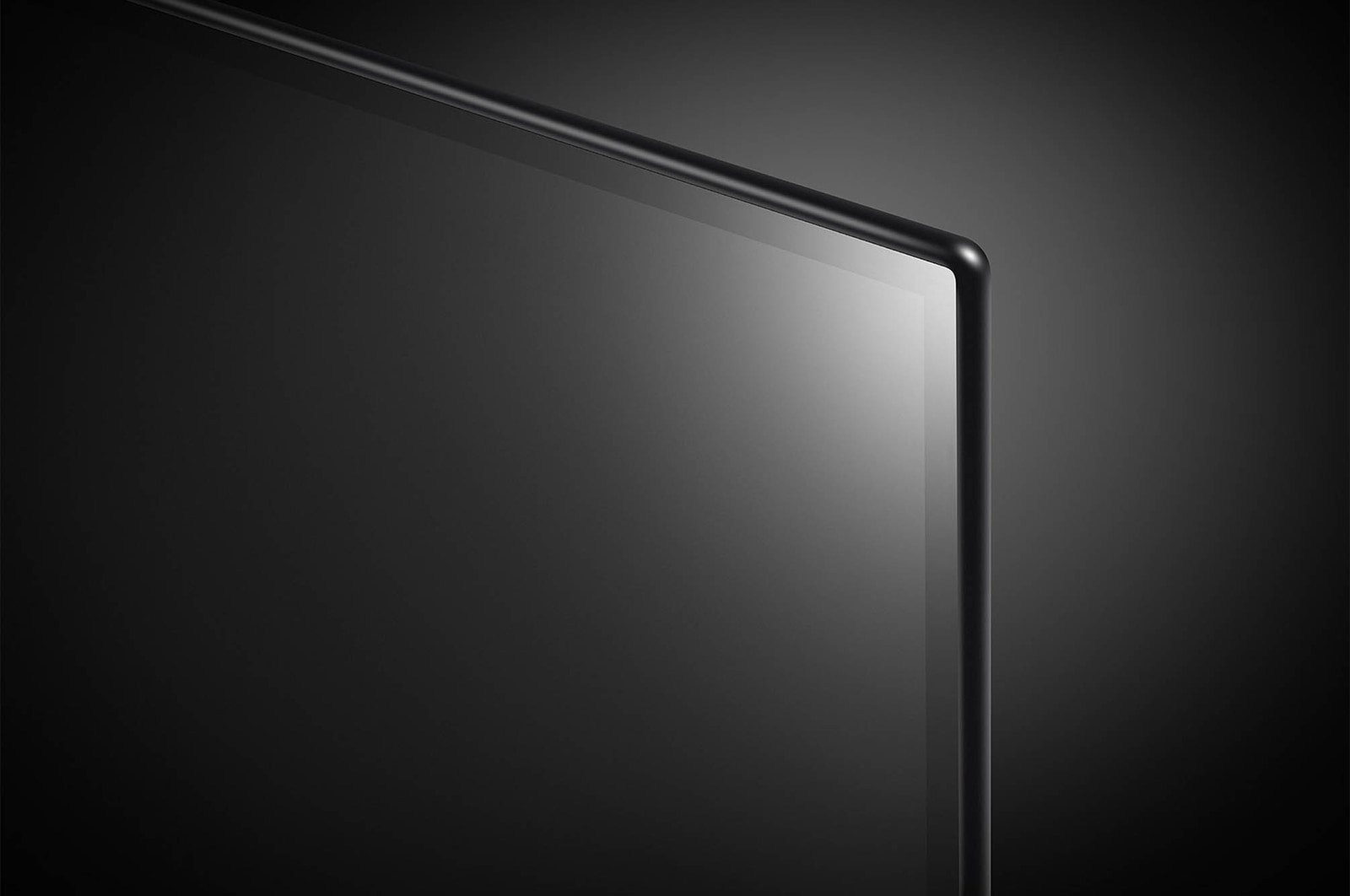 Nahaufnahme der oberen rechten Bildschirm-Ecke des LG OLED AI B4 4K Smart TV mit ultradünner Blende und glänzender Oberfläche.