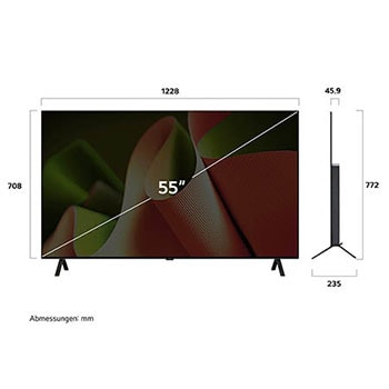 Abmessungsdiagramm des LG OLED AI B4 4K Smart TVs: Breite 1228mm, Höhe 708 mm (Panel), 772 mm mit Standfuß, Tiefe 45,9 mm ohne Standfuß, 235 mm mit Standfuß.