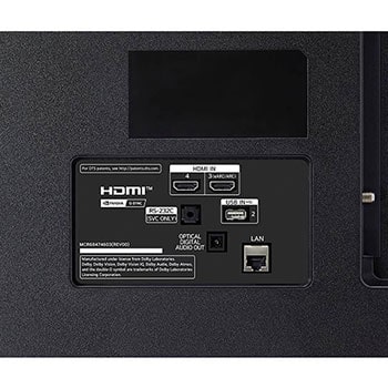 Detailansicht der Rückseite des LG OLED AI B4 4K Smart TVs mit HDMI IN 3 (eARC/ARC) und 4, USB IN 2, optischem Digital-Audio-Ausgang, RS‑232C-Serviceport, LAN- und ANT/Cable-Anschlüssen.