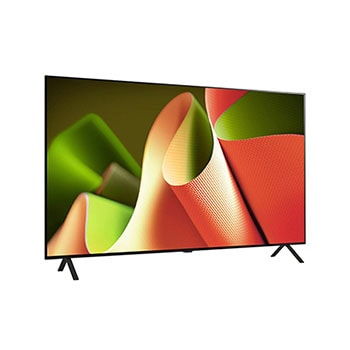 Leicht geneigte Ansicht von der rechten Seite des LG OLED AI B4 4K Smart TV, die seine schlanke Blende und den Standfuß hervorhebt.