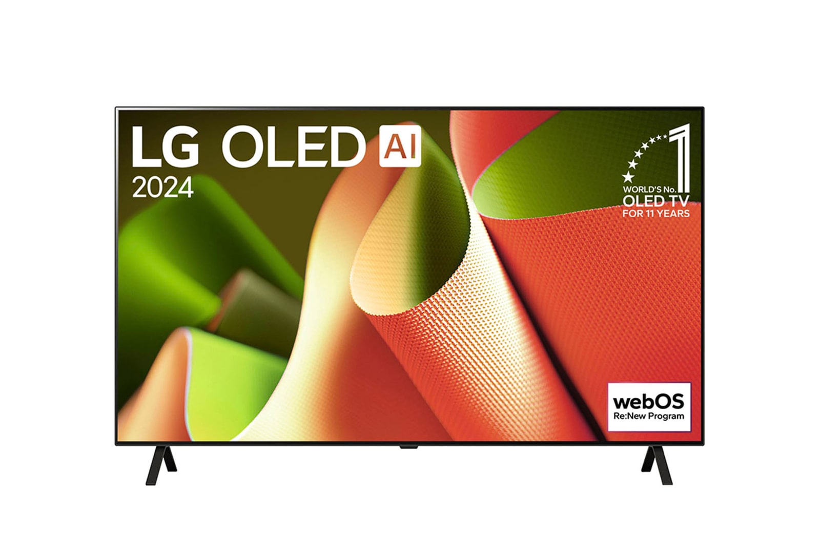 Frontansicht des LG OLED AI B4 4K Smart TVs mit rahmenlosem Design, „LG OLED AI 2024“- und „Weltweit Nr. 1 OLED-TV seit 11 Jahren“-Logos sowie webOS Re:New Program Branding.
