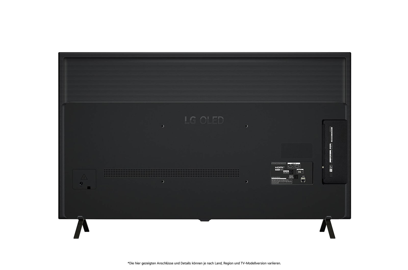 Rückansicht des LG OLED AI B4 4K Smart TVs mit ebenem Rückgehäuse und zwei V-förmigen Standfüßen.