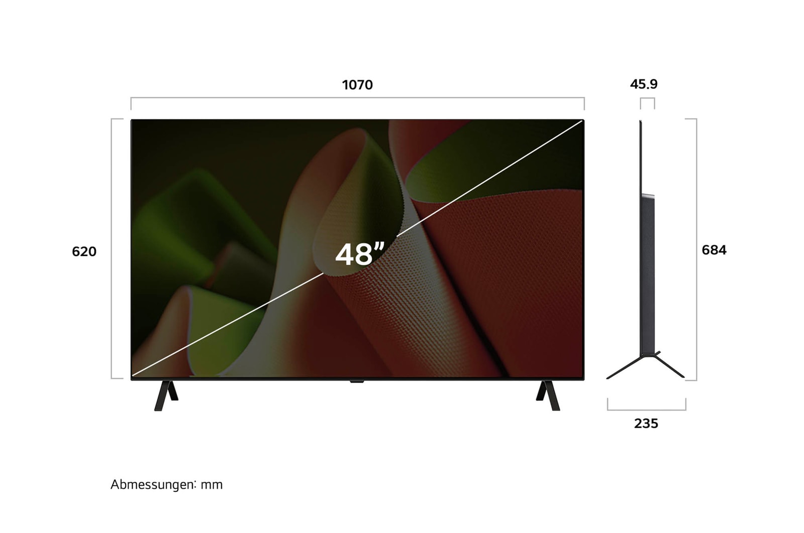 Abmessungsdiagramm des LG OLED AI B4 4K Smart TVs: Breite 1070 mm, Höhe 620 mm (Panel), 684 mm mit Standfuß, Tiefe 45,9 mm ohne Standfuß, 235 mm mit Standfuß.