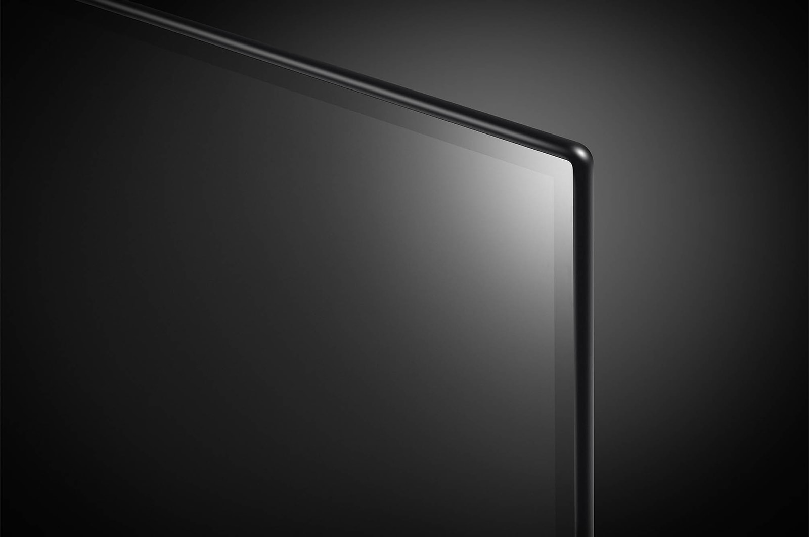 Nahaufnahme der oberen rechten Bildschirm-Ecke des LG OLED AI B4 4K Smart TV mit ultradünner Blende und glänzender Oberfläche.