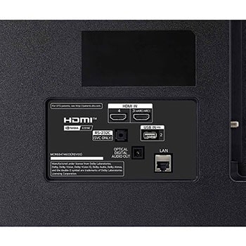 Detailansicht der Rückseite des LG OLED AI B4 4K Smart TVs mit HDMI IN 3 (eARC/ARC) und 4, USB IN 2, optischem Digital-Audio-Ausgang, RS‑232C-Serviceport, LAN- und ANT/Cable-Anschlüssen.
