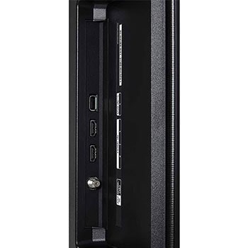 Nahaufnahme der Seitenansicht des LG OLED AI B4 4K Smart TVs mit HDMI IN 1 & 2, USB IN 1 und ANT/Cable-Eingang an der Seitenkante.