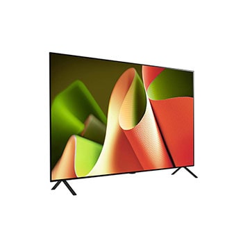 Tief geneigte Ansicht von der rechten Seite des LG OLED AI B4 4K Smart TV, die sein schlankes Seitenprofil und den Standfuß zeigt.