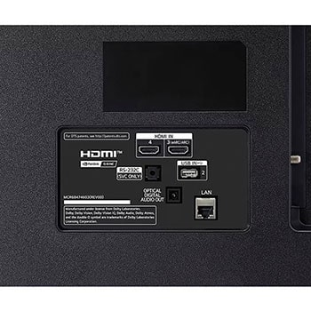 Detailansicht der Rückseite des LG OLED AI B4 4K Smart TVs mit HDMI IN 3 (eARC/ARC) und 4, USB IN 2, optischem Digital-Audio-Ausgang, RS‑232C-Serviceport, LAN- und ANT/Cable-Anschlüssen.