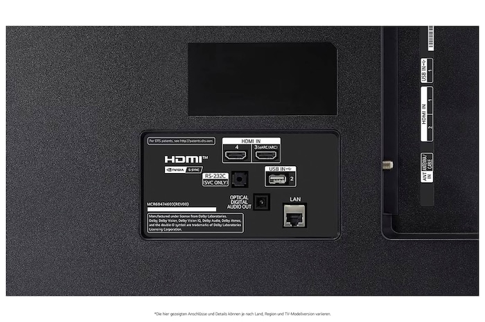 Detailansicht der Rückseite des LG OLED AI B4 4K Smart TVs mit HDMI IN 3 (eARC/ARC) und 4, USB IN 2, optischem Digital-Audio-Ausgang, RS‑232C-Serviceport, LAN- und ANT/Cable-Anschlüssen.