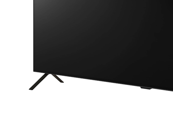 Detailansicht des Standfußes des LG OLED AI B4 4K Smart TV mit schlanken Metallbeinen und strukturierter Oberfläche.