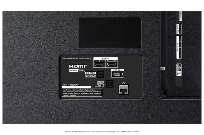 Detailansicht der Rückseite des LG OLED AI B4 4K Smart TVs mit HDMI IN 3 (eARC/ARC) und 4, USB IN 2, optischem Digital-Audio-Ausgang, RS‑232C-Serviceport, LAN- und ANT/Cable-Anschlüssen.