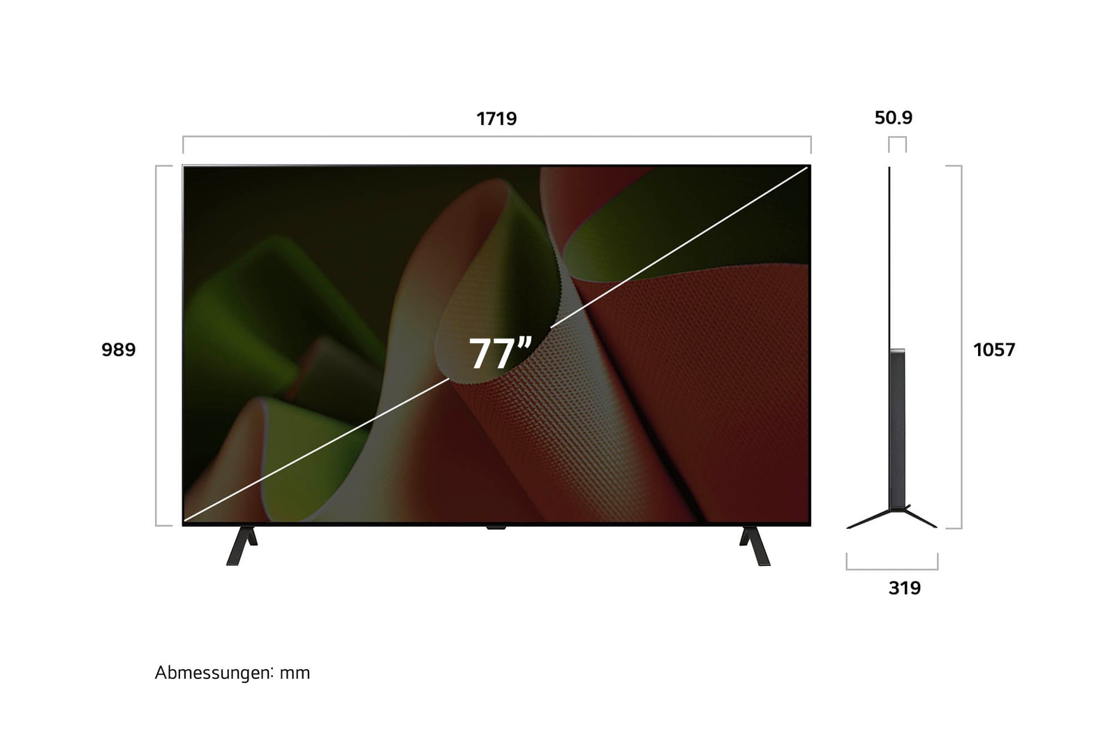 Abmessungsdiagramm des LG OLED AI B4 4K Smart TVs: Breite 1719 mm, Höhe 989 mm (Panel), 1057 mm mit Standfuß, Tiefe 50,9 mm ohne Standfuß, 319 mm mit Standfuß.