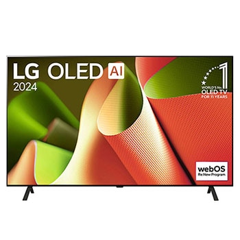 Frontansicht des LG OLED AI B4 4K Smart TVs mit rahmenlosem Design, „LG OLED AI 2024“- und „Weltweit Nr. 1 OLED-TV seit 11 Jahren“-Logos sowie webOS Re:New Program Branding.