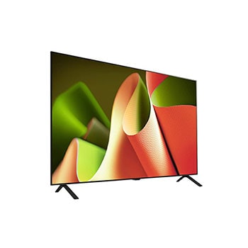 Tief geneigte Ansicht von der rechten Seite des LG OLED AI B4 4K Smart TV, die sein schlankes Seitenprofil und den Standfuß zeigt.