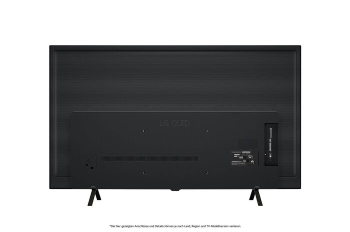 Rückansicht des LG OLED AI B4 4K Smart TVs mit ebenem Rückgehäuse und zwei V-förmigen Standfüßen.