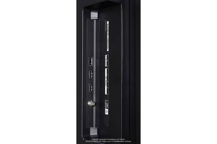 Nahaufnahme der Seitenansicht des LG OLED AI B4 4K Smart TVs mit HDMI IN 1 & 2, USB IN 1 und ANT/Cable-Eingang an der Seitenkante.