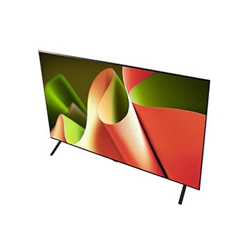 Schrägansicht von oben rechts auf den LG OLED AI B4 4K Smart TV, die die linke Seite und den schlanken Rahmen zeigt.