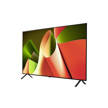 Rechtsseitige flache Ansicht des LG OLED AI B4 4K Smart TVs, die sein ultradünnes Gehäuse und die V-förmigen Standfüße hervorhebt.