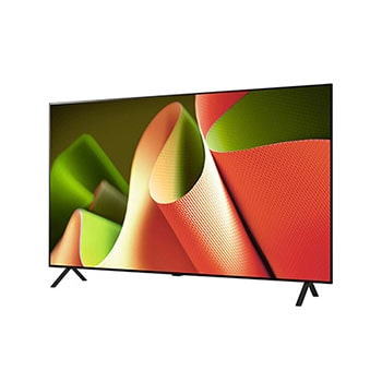 Leicht geneigte Ansicht von der linken Seite des LG OLED AI B4 4K Smart TV, die seine schlanke Blende und den Standfuß hervorhebt.