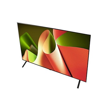 Schrägansicht von oben rechts auf den LG OLED AI B4 4K Smart TV, die die linke Seite und den schlanken Rahmen zeigt.