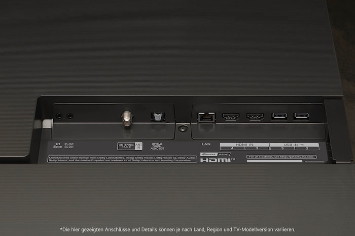 Anschlussübersicht auf der Rückseite des LG OLED evo AI C4 4K Smart TV mit HDMI-, USB-, LAN- und Antenneneingang