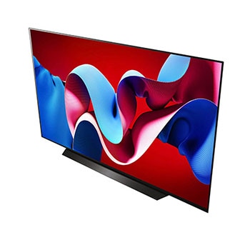 Obere Front-Schrägansicht des LG OLED evo AI C4 4K Smart TV mit flachem Profil und intensiver Farbdarstellung