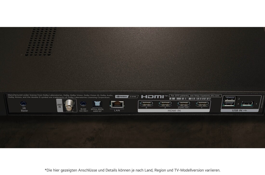 Detailaufnahme des Anschlussbereichs auf der Rückseite des LG OLED evo AI C4 4K Smart TV mit HDMI-, LAN- und USB-Ports