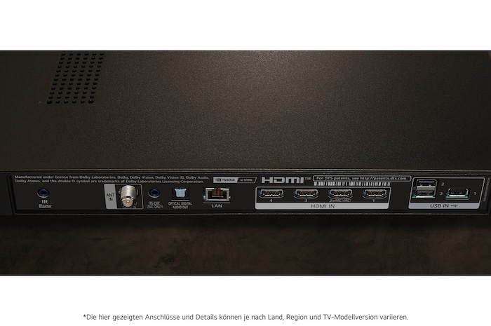 Detailaufnahme des Anschlussbereichs auf der Rückseite des LG OLED evo AI C4 4K Smart TV mit HDMI-, LAN- und USB-Ports