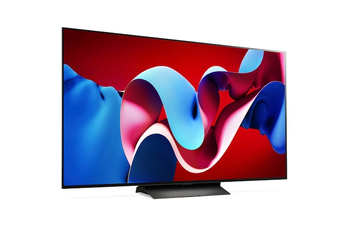 Rechtsansicht des LG OLED evo AI C4 4K Smart TV mit klarer Bildfläche und dünnem Rahmen