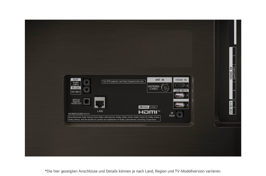 Nahaufnahme des unteren Anschlussbereichs des LG OLED evo AI C4 4K Smart TV mit HDMI-, USB-, LAN- und Antenneneingängen.