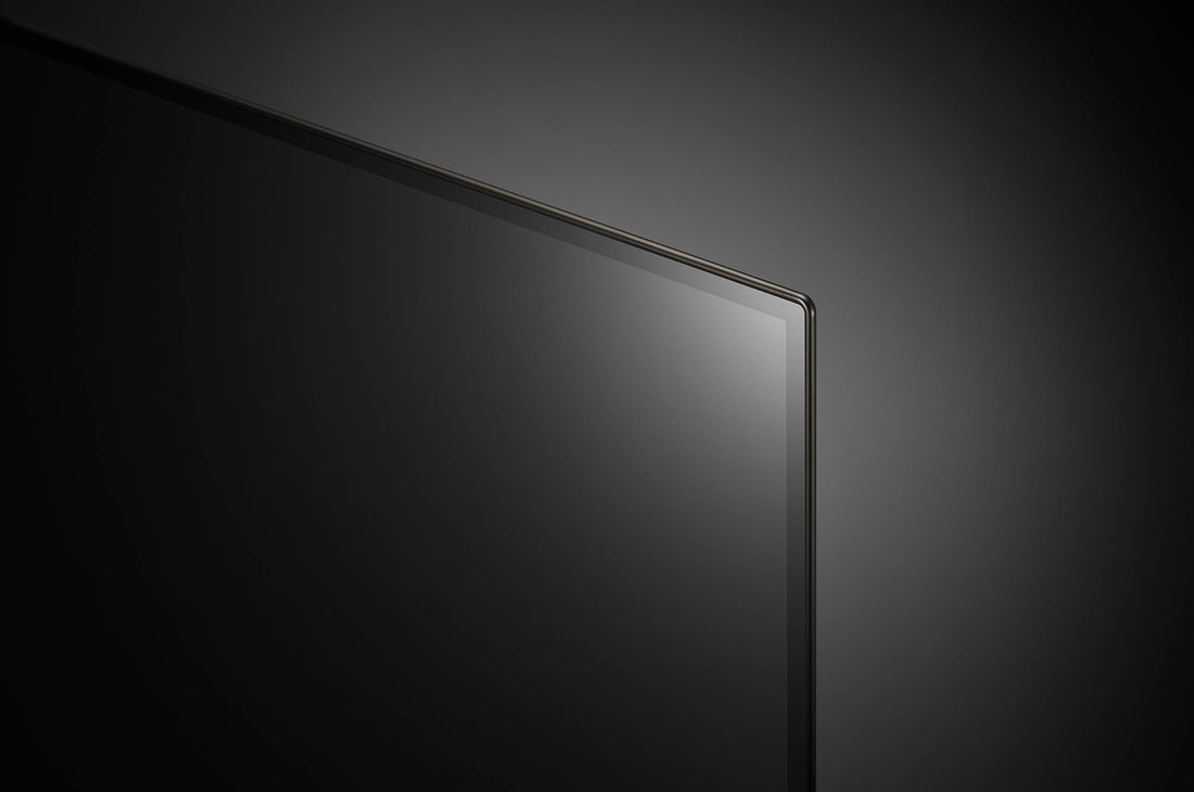 Detailaufnahme der oberen Ecke des LG OLED evo AI C4 4K Smart TV mit extrem schmalem Rahmen