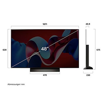 Maßzeichnung des 48-Zoll LG OLED evo AI C4 4K Smart TV mit Abmessungen in Millimetern