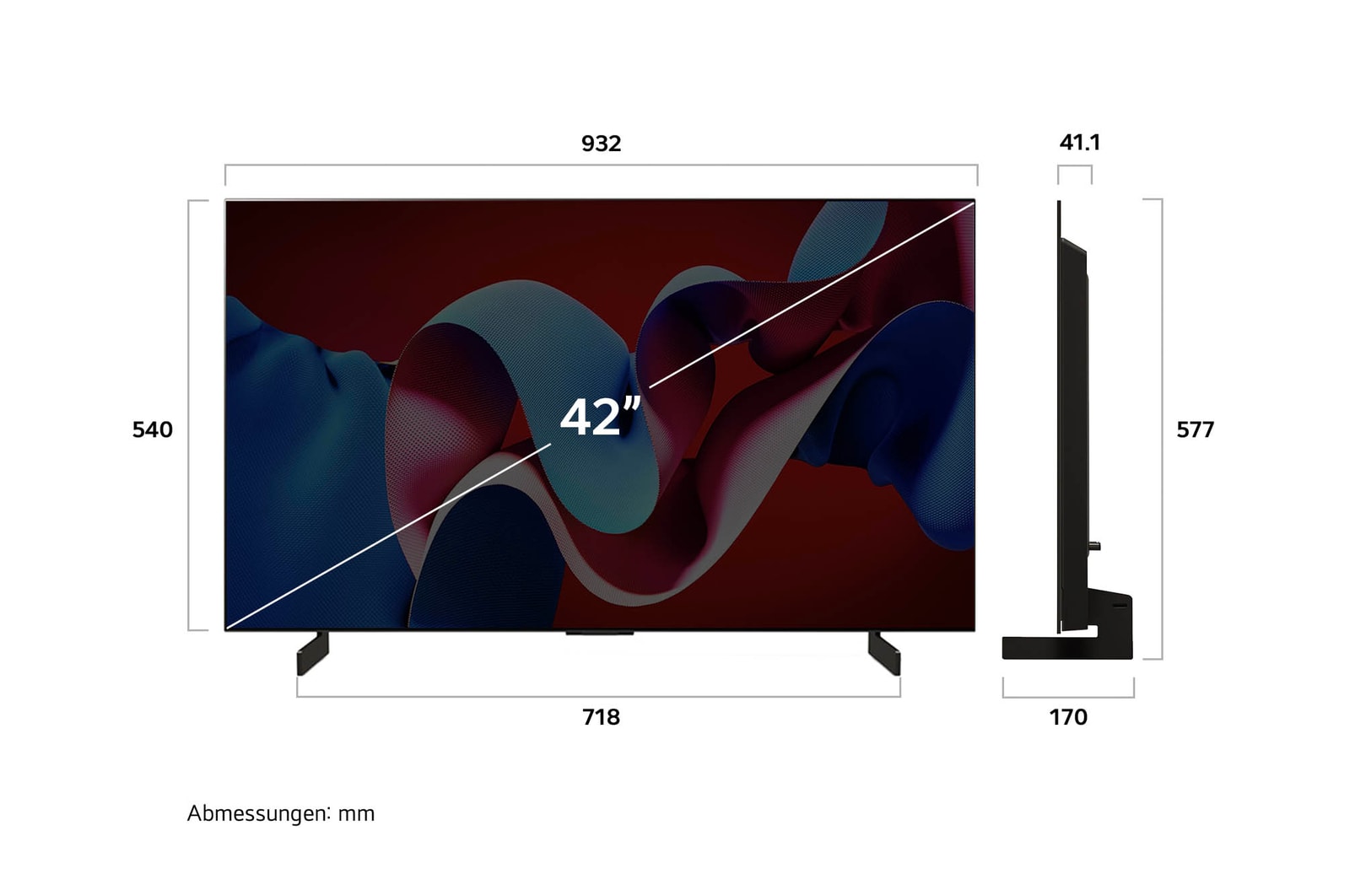 Abmessungen des 42" LG OLED evo AI C4: Breite 932 mm, Höhe 577 mm, Tiefe 41,1 mm, Standfuß: 718×170 mm.